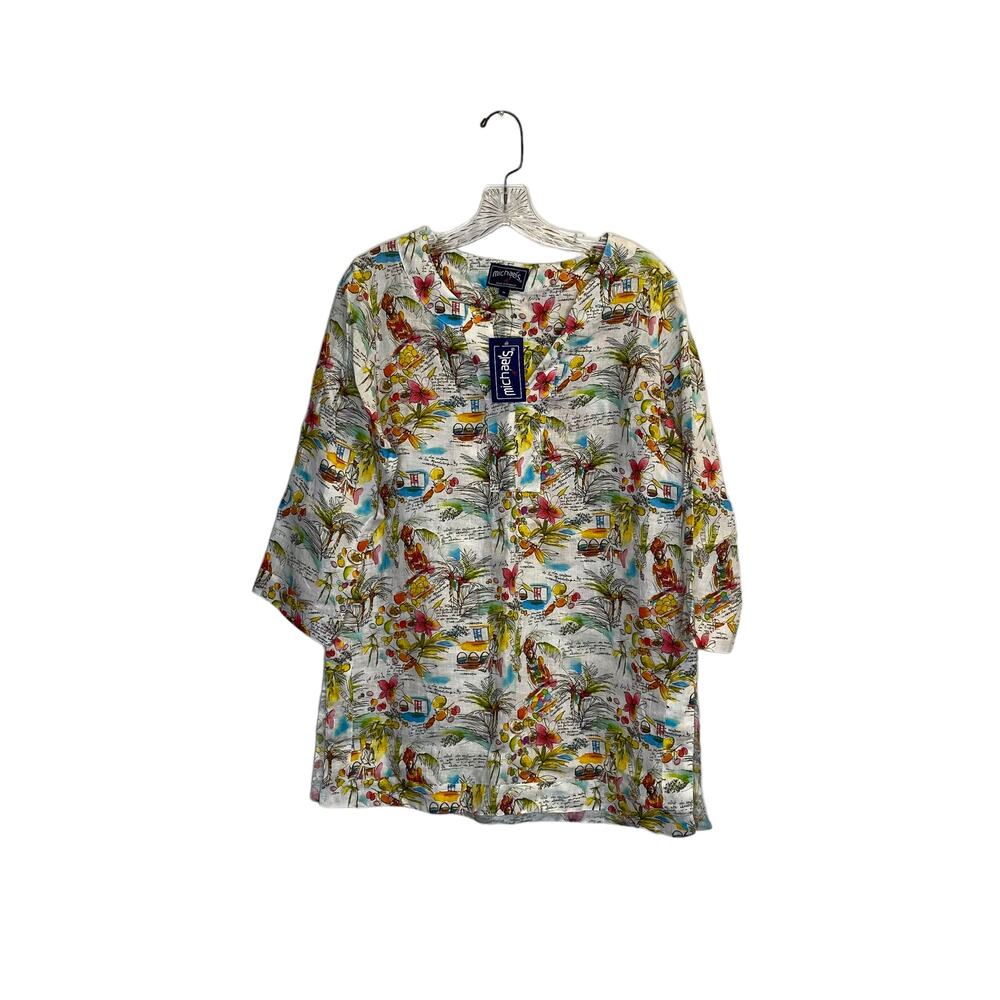 michael's women floral print beach tunic blouse Linen sz m v neck 3/4 sleeve
